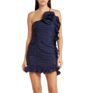 Moon River Floral Ruched One Shoulder Dress in Navy, Size XSmall